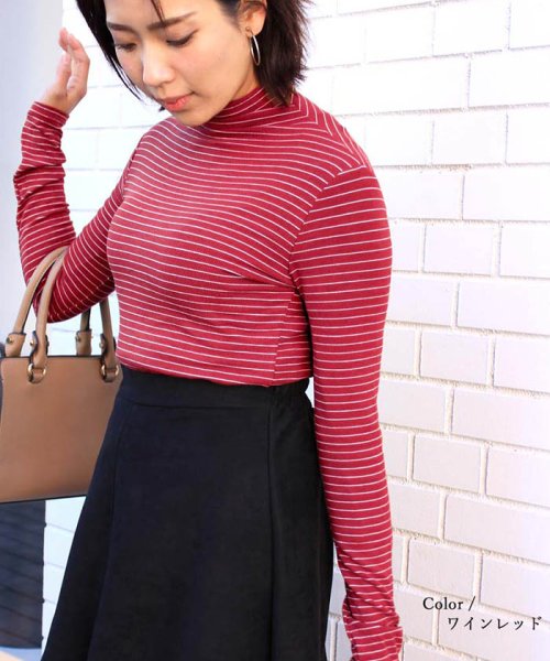セール ボーダーカットソー レディース 長袖 トップス ハイネック タイト プルオーバー 秋 ミニミニストア Miniministore D Fashion