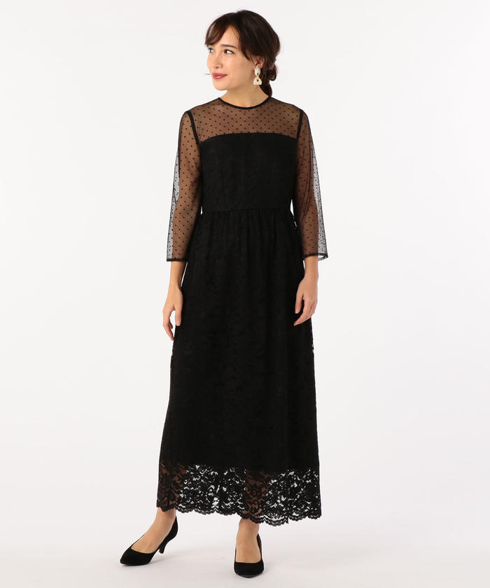 美品⭐︎Kaene ドット×スカラップロングワンピース セール】【kaene/カエン】ドット×スカラップレースワンピース
