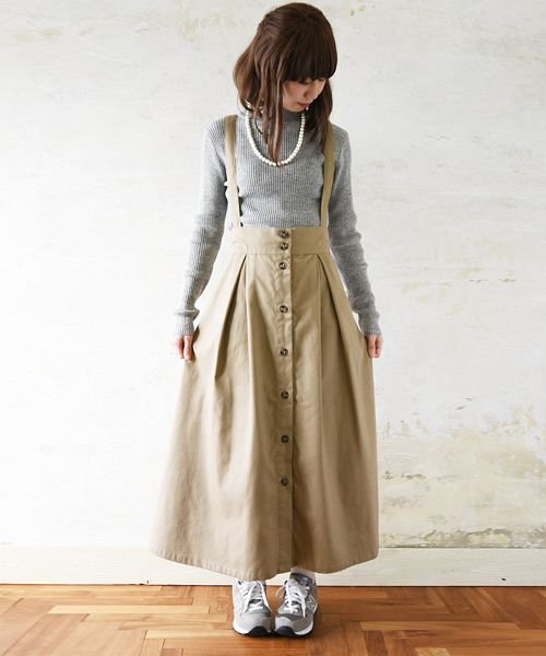 サスペンダー付きフロントボタンツイルロングスカート アンドイット And It D Fashion サスペンダー付きフロントボタンツイルロングスカート アンドイット And It D Fashion