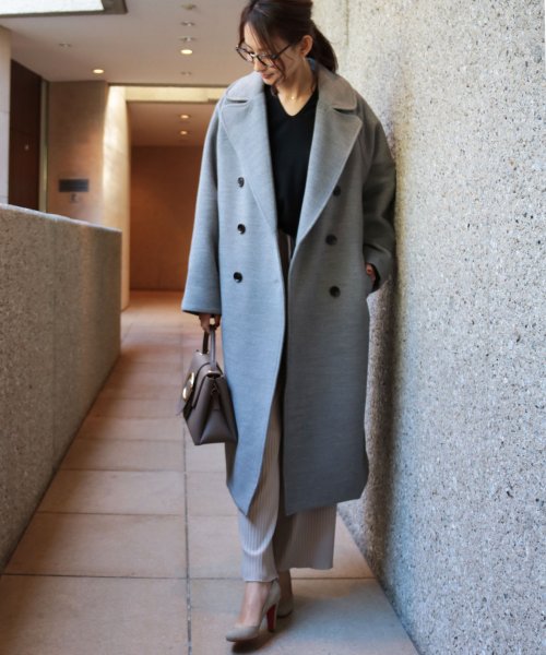 V 5 背中ベルト付き ロングコート テーラード ダブル アウター アンドミー And Me D Fashion