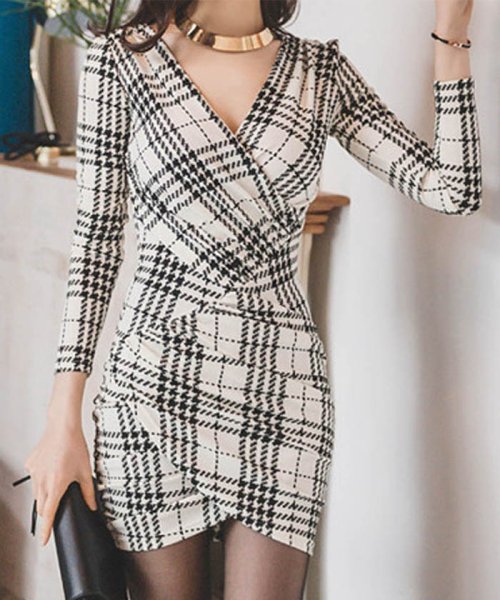 セール ドレス ワンピース チェック柄 セクシー タイトワンピース 長袖 Vネック ミニワンピ ミニミニストア Miniministore D Fashion
