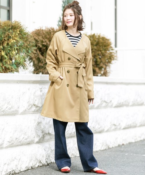 セール レディース アウター ノーカラー トレンチコート コート リボンベルト ミリアンデニ Mili An Deni D Fashion