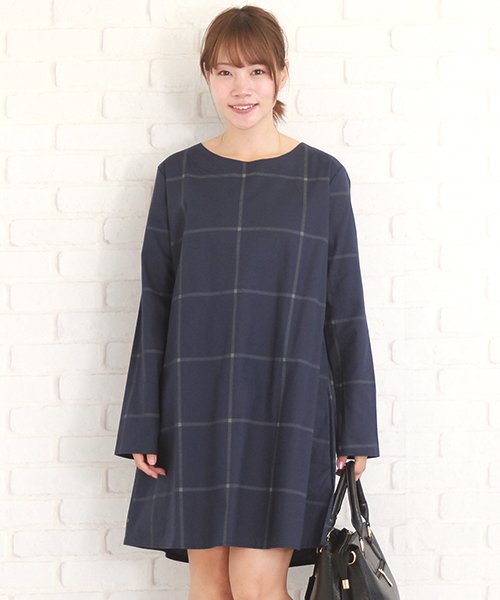 チェック柄長袖ワンピースレディース ゆったり 体系カバーaライン 春服 アミュレット Amulet D Fashion