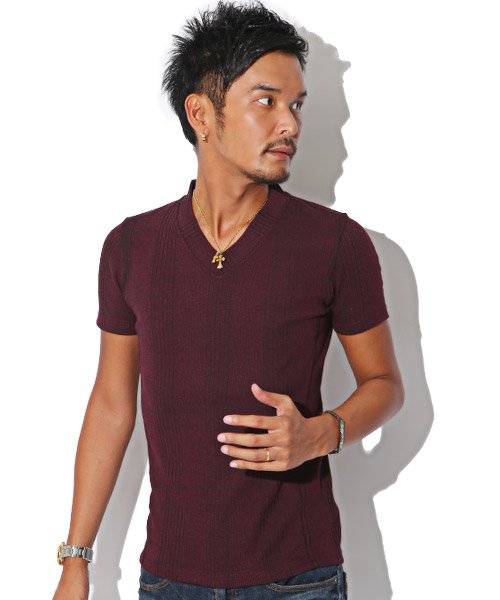 Bitter Tシャツ メンズ テレコ Vネック ランダムテレコリブサイド切り替えvネック半袖tシャツ 半袖 半そで カットソー ランダムテレコ リブ テレコリ ラグスタイル Luxstyle D Fashion