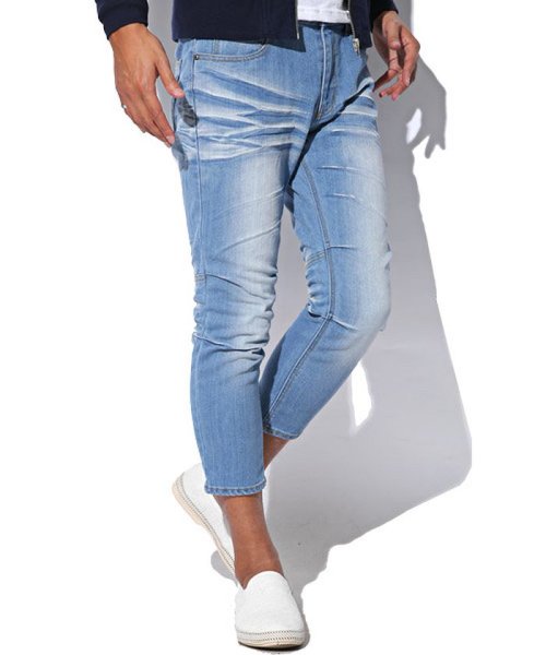 セール ペンキ付き膝タックストレッチクロップドデニムパンツ デニム