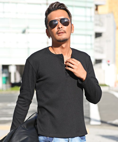 セール ヘンリーネック ロンt メンズ 長袖 Tシャツ 無地 サーマル ワッフル Bitter ビター系 サーマル無地ヘンリーネックロンt トップス カットソー ヘンリ ラグスタイル Luxstyle D Fashion