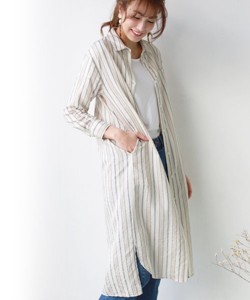マルチストライプリネンシャツワンピース リアルキューブ Real Cube D Fashion マルチストライプリネンシャツワンピース リアルキューブ Real Cube D Fashion