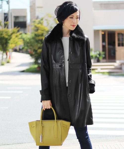 レザーコート レディース シープスキン ラム フォックス衿付き 毛皮 サンキョウショウカイ Sankyoshokai D Fashion