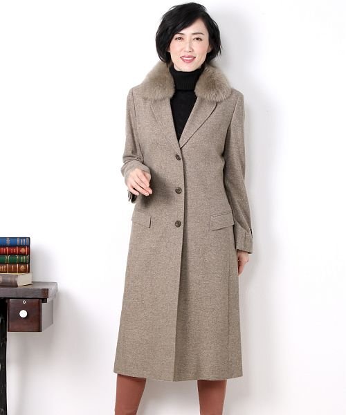カシミヤ 100 コート テーラーカラー ロングコート フォックスファー付き ジャガードカシミヤ サンキョウショウカイ Sankyoshokai D Fashion カシミヤ 100 コート テーラーカラー ロングコート フォックスファー付き ジャガードカシミヤ サンキョウショウカイ Sankyoshokai D Fashion