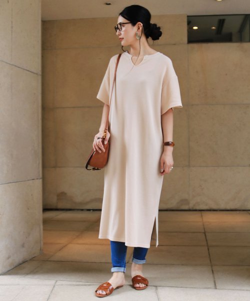 キーネックワッフル半袖tシャツワンピース アンドミー And Me D Fashion