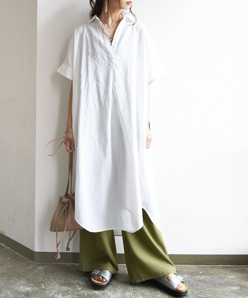 選べる2type スキッパー ベーシックロングシャツワンピース M L レディース ワンピース 春夏秋 オフ カーキ チャコール ブラック ワンピ シャツ シ アンドイット And It D Fashion