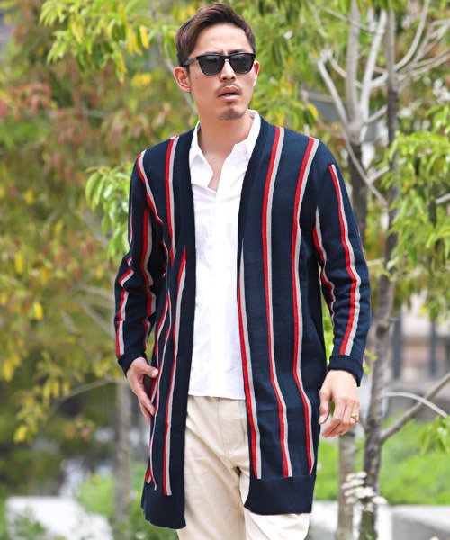 セール 麻混ストライプロングカーディガン カーディガン メンズ 長袖 麻 ロング丈 ストライプ ラグスタイル Luxstyle D Fashion