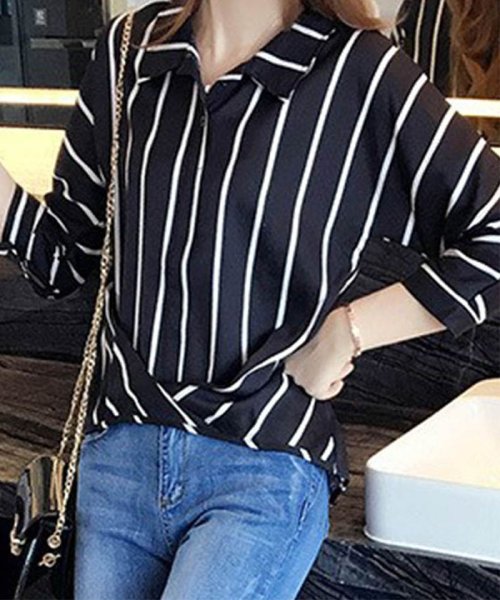 セール ストライプ スキッパーシャツ レディース おしゃれ 襟付きシャツ ブラウス 即納 ミニミニストア Miniministore D Fashion
