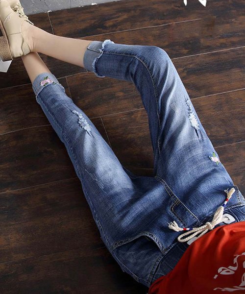セール デニムパンツ 7分 ズボン ゴムウエスト ダメージデニム レディース ゆるいジーンズ 即納 ミニミニストア Miniministore D Fashion