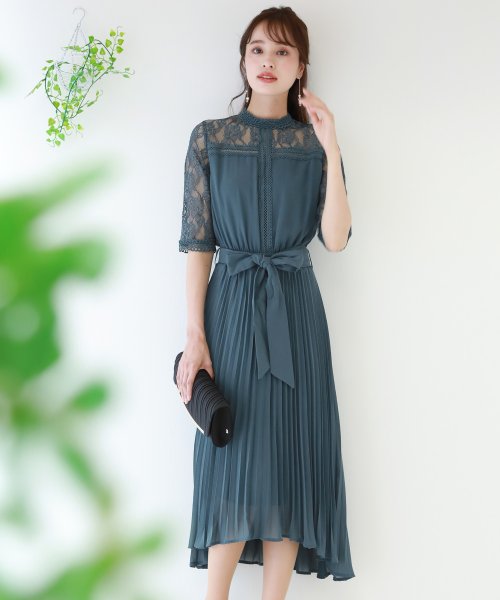 結婚式 パーティー 二次会 スタンドカラーはしごレース プリーツ切替ドレス ブルーイースト Blueeast D Fashion