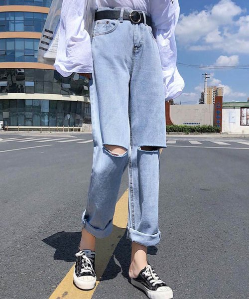 セール ダメージ デニムパンツ レディース ボーイフレンド デニム ハイウエスト パンツ 即納 ミニミニストア Miniministore D Fashion