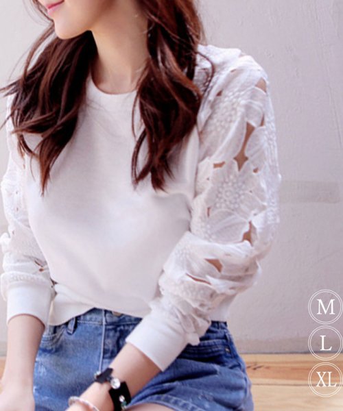 セール 花柄 レース 刺繍 トップス レディース シースルー カットソー 長袖 Tシャツ 即納 ミニミニストア Miniministore D Fashion