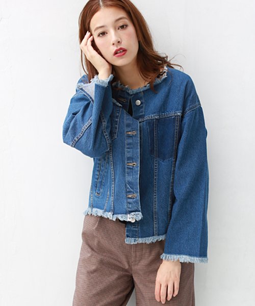 ノーカラーフリンジデニムジャケット リアルキューブ Real Cube D Fashion