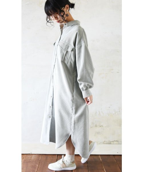 コーデュロイロングシャツワンピース M L レディース 春秋冬 ワンピース グレージュ アイボリー ブルー ポリエステル メンズライク ロング丈 ゆったり カ アンドイット And It D Fashion