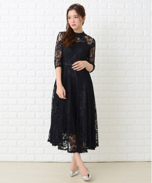 ウエストリボン付きレース袖総レースワンピース ドレス レースレディース Lace Ladies D Fashion