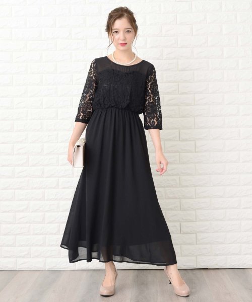 レース切り替え七分袖フォーマルワンピース ドレス レースレディース Lace Ladies D Fashion