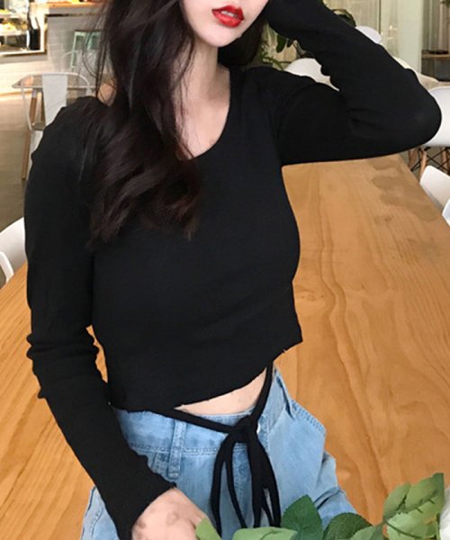 Tシャツ レディース ショート丈 長袖 カットソー Uネック トップス おしゃれ ミニミニストア Miniministore D Fashion