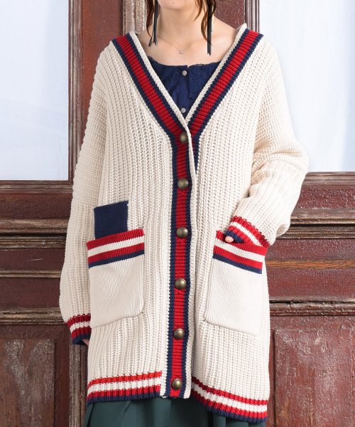 セール スクール風配色ニットカーディガン オシャレウォーカー Osharewalker D Fashion