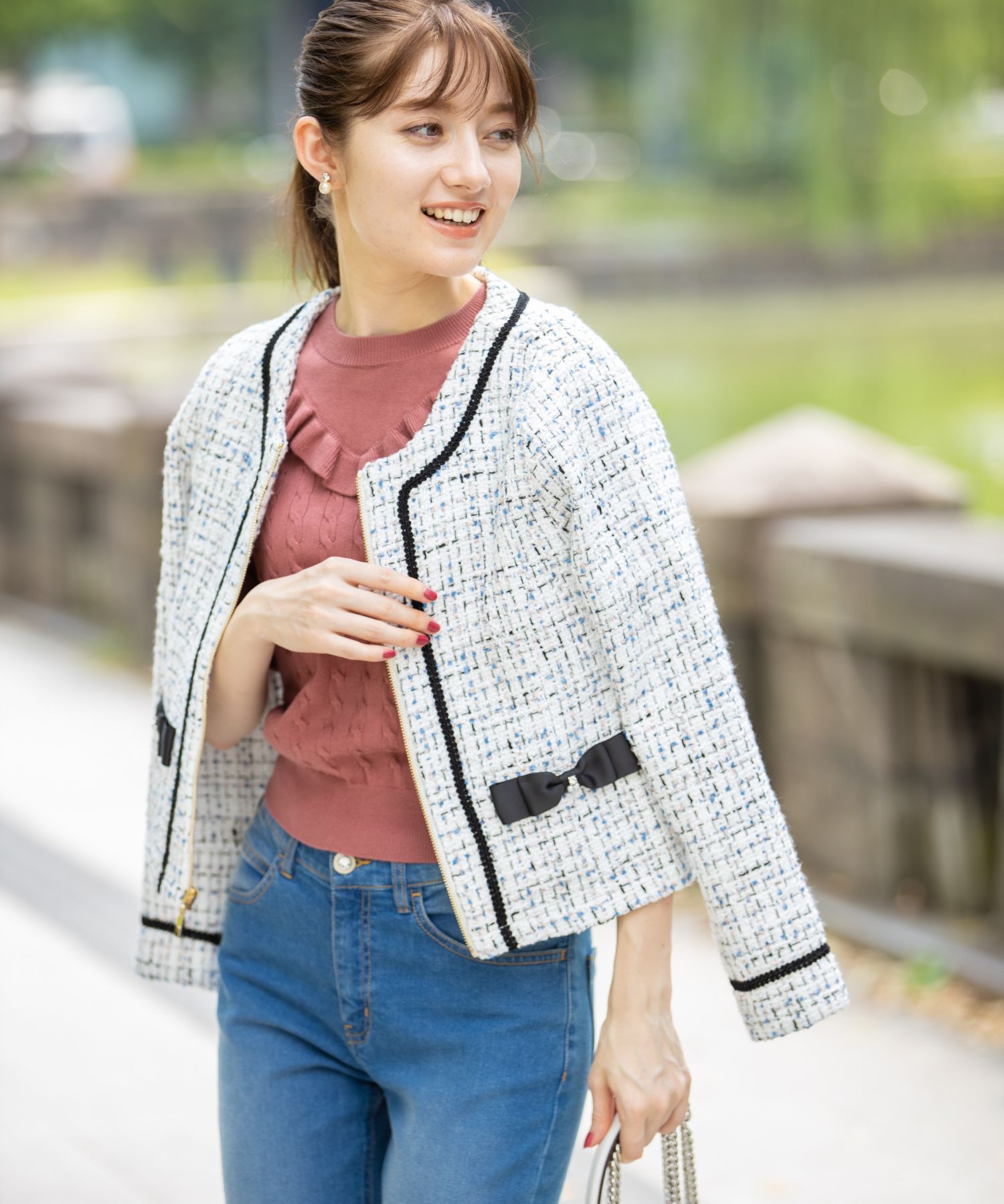 美品✨ リランドチュール ツイード クロップドジャケット ノーカラー 2 パール Rirandture（リランドチュール）の「ツイードクロップド