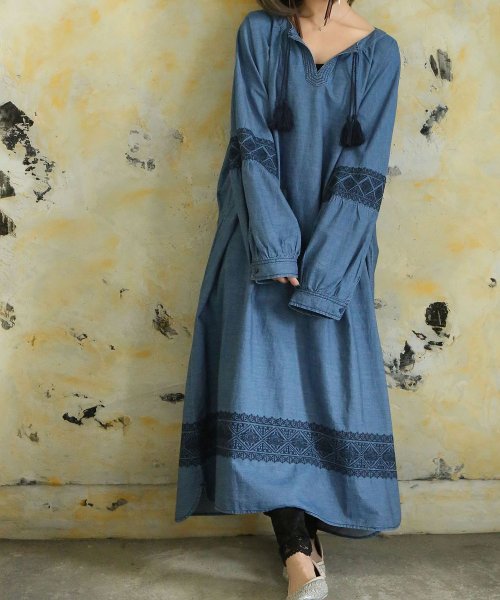 刺繍 デニムロングワンピース オシャレウォーカー Osharewalker D Fashion