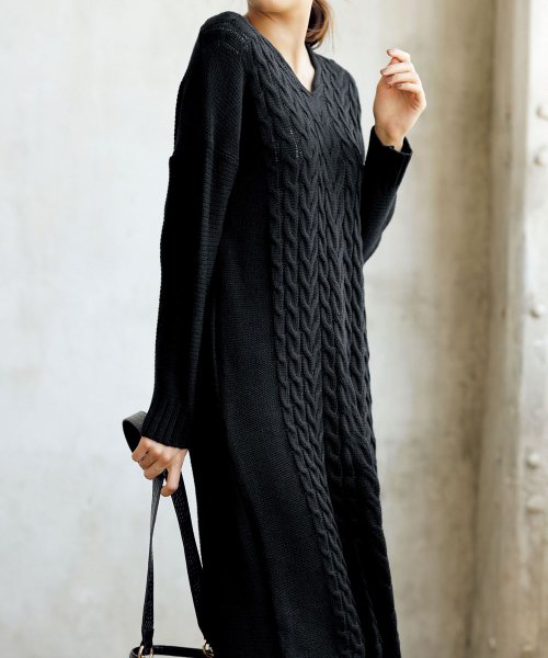 ケーブル編vネックロングニットワンピ ラナン Ranan D Fashion ケーブル編vネックロングニットワンピ ラナン Ranan D Fashion