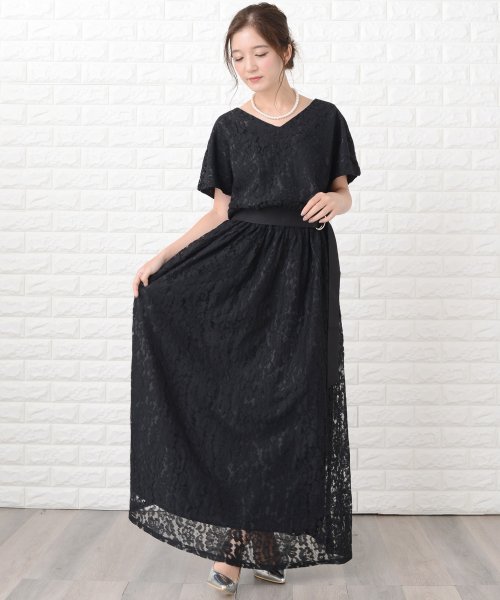 ベルト付きvネック総レースマキシ丈パーティドレス ワンピース レースレディース Lace Ladies D Fashion ベルト付きvネック総レースマキシ丈パーティドレス ワンピース レースレディース Lace Ladies D Fashion