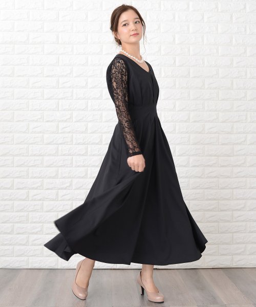 袖レース切替aラインフレアロングワンピース ドレス レースレディース Lace Ladies D Fashion