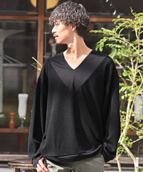 セール Vネック切替ビッグニットソー ニット メンズ セーター Vネック ビッグシルエット ラグスタイル Luxstyle D Fashion