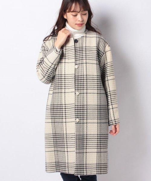 セール レトロチェックノーカラーコート インタープラネット Interplanet D Fashion