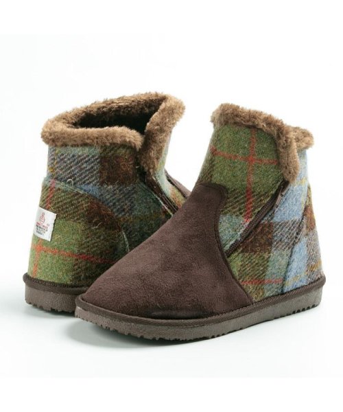 ハリスツイード Harris Tweed レディース ショートブーツ ボア ブーツ サイドファスナー チェック Tk フットプレイス Foot Place D Fashion
