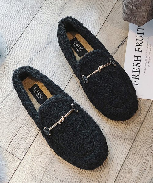 セール モカシン レディース ボアパンプス ファー靴 裏起毛 ローファー 秋冬 ぺたんこ フラットシューズ ミニミニストア Miniministore D Fashion
