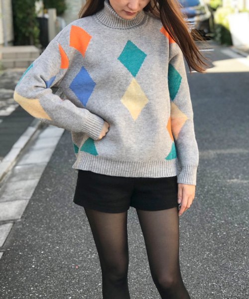 セール タートルネック ひし柄 ニット レデイース 長袖 ニットセーター オシャレ ダイヤ柄 トップス 秋冬 ミニミニストア Miniministore D Fashion