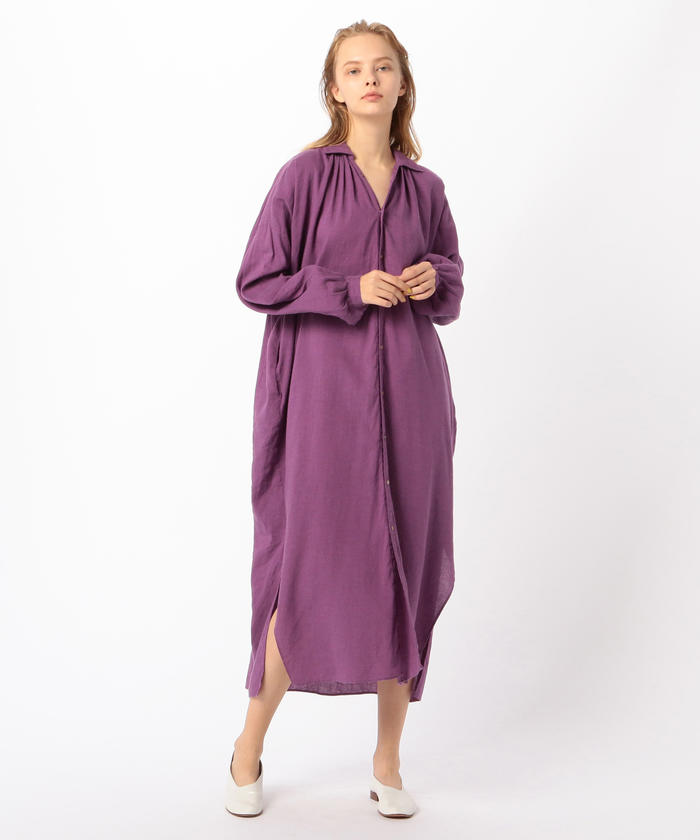 セール】コットンリネンウールスラブ ロングシャツワンピース