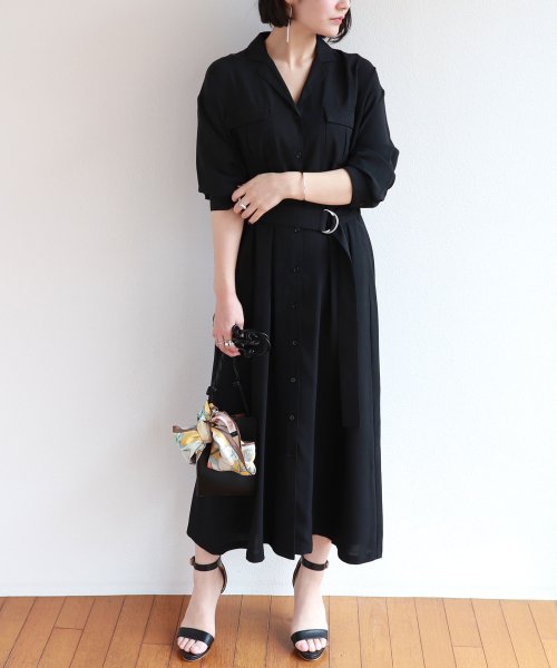 ジョーゼット長袖ベルト付き開襟シャツワンピース アンドミー And Me D Fashion