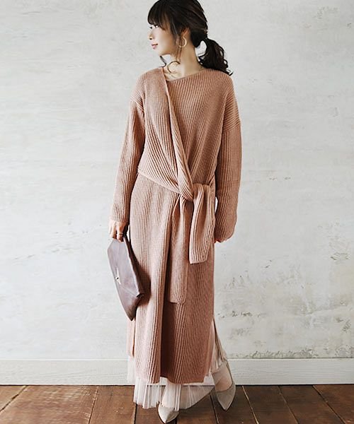 セール カシュクールバルキーニットワンピース F レディース 春秋冬 ワンピース ニットワンピ アイボリー ピンクベージュ グリーン モカ カシュクール トレンド お洒 アンドイット And It D Fashion