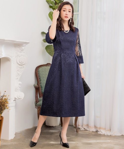 ダマスク柄ミモレ丈結婚式パーティードレス ドレス スター Dress Star D Fashion