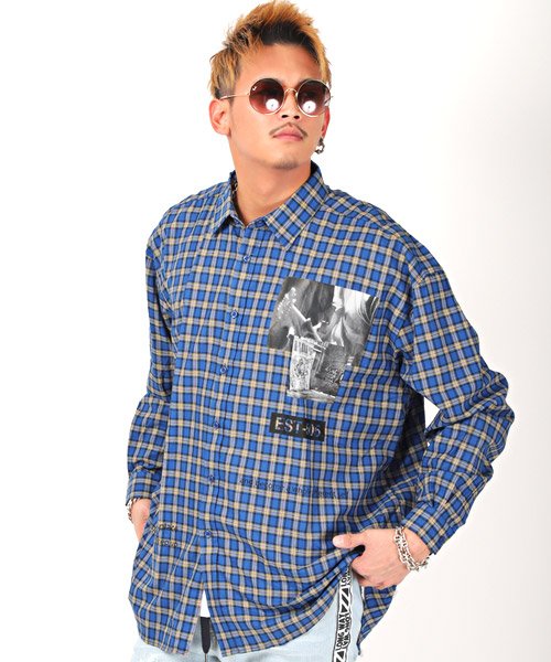 セール バックプリントチェック柄シャツ チェックシャツ メンズ 韓国系 ビッグシルエット 長袖 503040714 ラグスタイル Luxstyle D Fashion