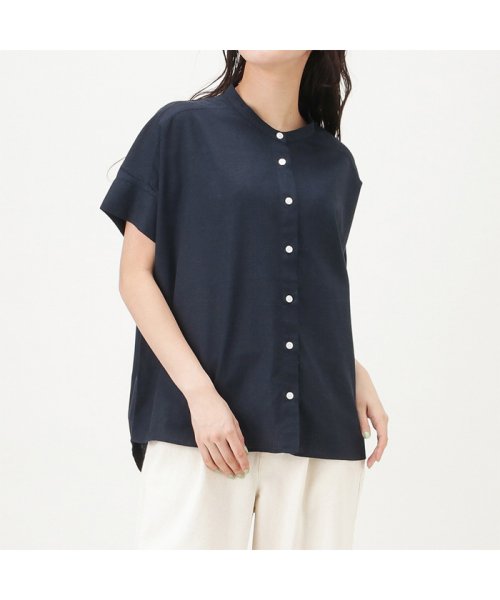 Navy ネイビー 半袖前開きリネンスタンドカラーシャツ mh マックハウス レディース Mac House Women D Fashion
