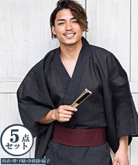 CavariA/CavariA 浴衣2020(浴衣+帯+下駄+巾着袋+扇子5点セット) メンズ 5点セット セット 作り帯 下駄 巾着袋 扇子 ギフト 男性 M L XL 縞 /502346564