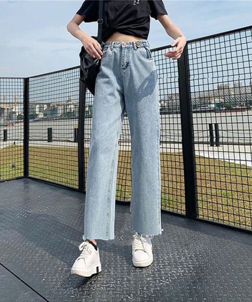 セール レディースパンツデニム ワイドパンツ ロング ライトブルー 大人 脚長 通学人気 セイヘイショップ Seiheishop D Fashion