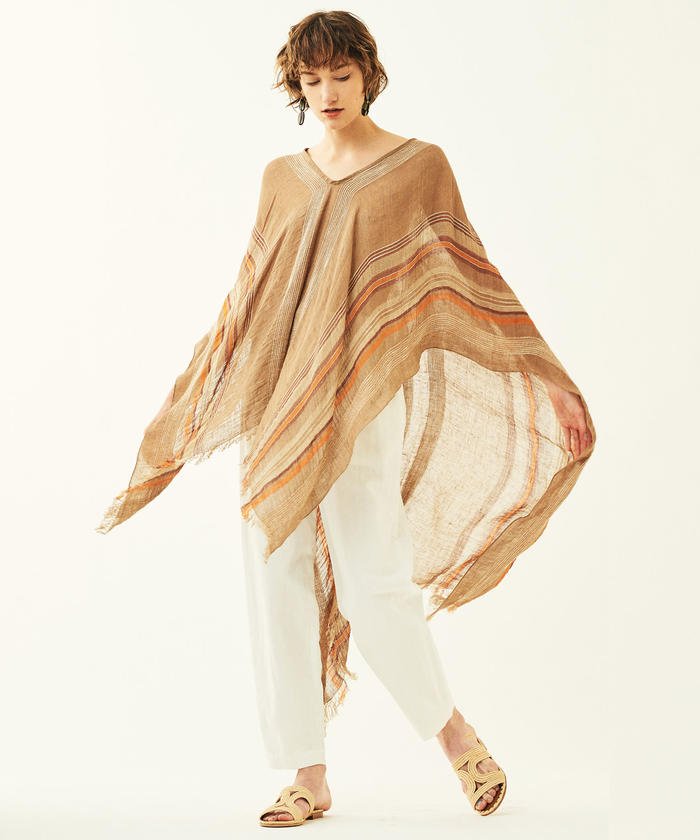 美品GALERIE VIE ポンチョ クーポン】【セール 30%OFF】リネンコットンマルチストライプ