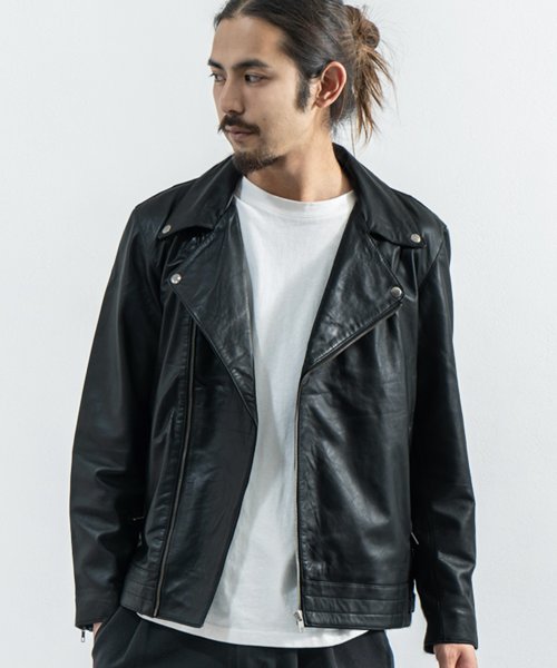 レザージャケット メンズ アウター ラムレザー 本革 羊革 ライダース ダブル 革ジャン レザー シンプル おしゃれ 無地 Modem Design モデムデザ ロッキーモンロー Rocky Monroe D Fashion