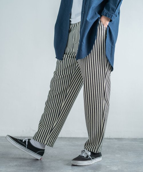 ワイドパンツ メンズ シェフパンツ テーパード ヒッコリー ルーズ ゆったり 綿 コットン カジュアル ワーク アンクル ストライプ ナチュラル Revo レ ロッキーモンロー Rocky Monroe D Fashion