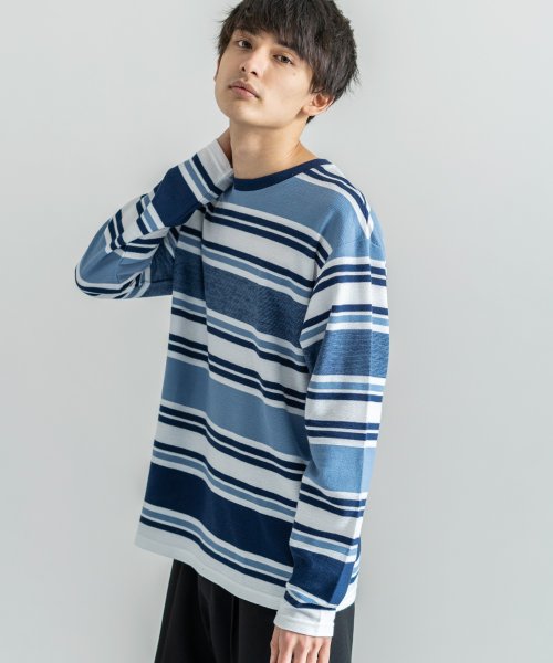 ニットソー Tシャツ ロンt メンズ 長袖 インレイ編み ニット ボーダー クルーネック サマーニット 8704 503112740 ロッキーモンロー Rocky Monroe D Fashion