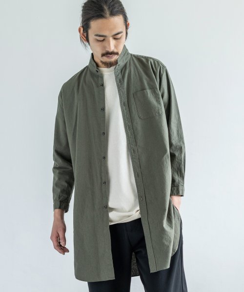 リネンシャツ メンズ シャツコート 白 綿麻 無地 ロング カジュアル スタンドカラー 春夏 日本製 国産 Upscape Audience アップスケープオー ロッキーモンロー Rocky Monroe D Fashion